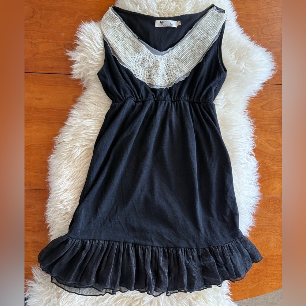 Vintage Black Mini Dress with Cream Pearl Neckline Detail - Small/XS